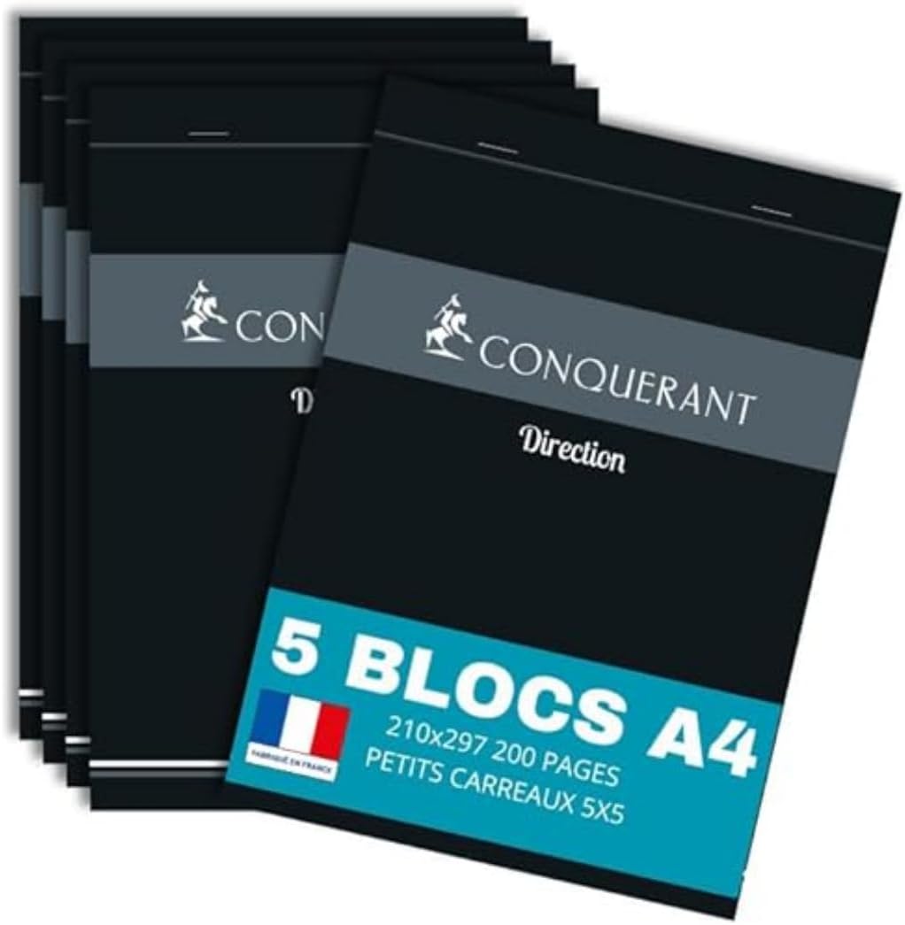 Conquerant Pack of 5 A4 Notepads Small Squares 5 mm 200 Stapled Pages Head Cover Grey Card