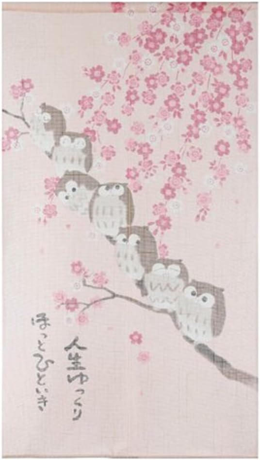 Made in Japan Noren Curtain Tapestry Owl on Sakura Tree Cherry Blossom Pink