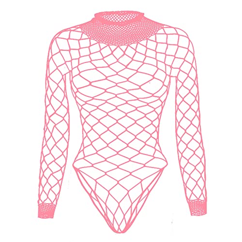 Tosmifairy Fishnet Mesh Bodysuit for Women Cool Punk Goth Stretch Leotard Long Sleeve Rompers Tops for Ladies,Pink
