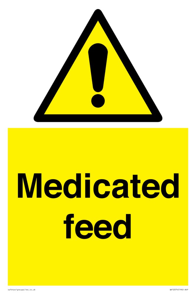 Medicated feed Sign - 200x300mm - A4P, Yellow/White