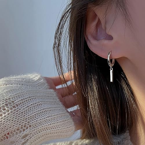 Pendientes de aro de plata S925 hipoalergénicos con colgante rectangular elegantes para mujer 2