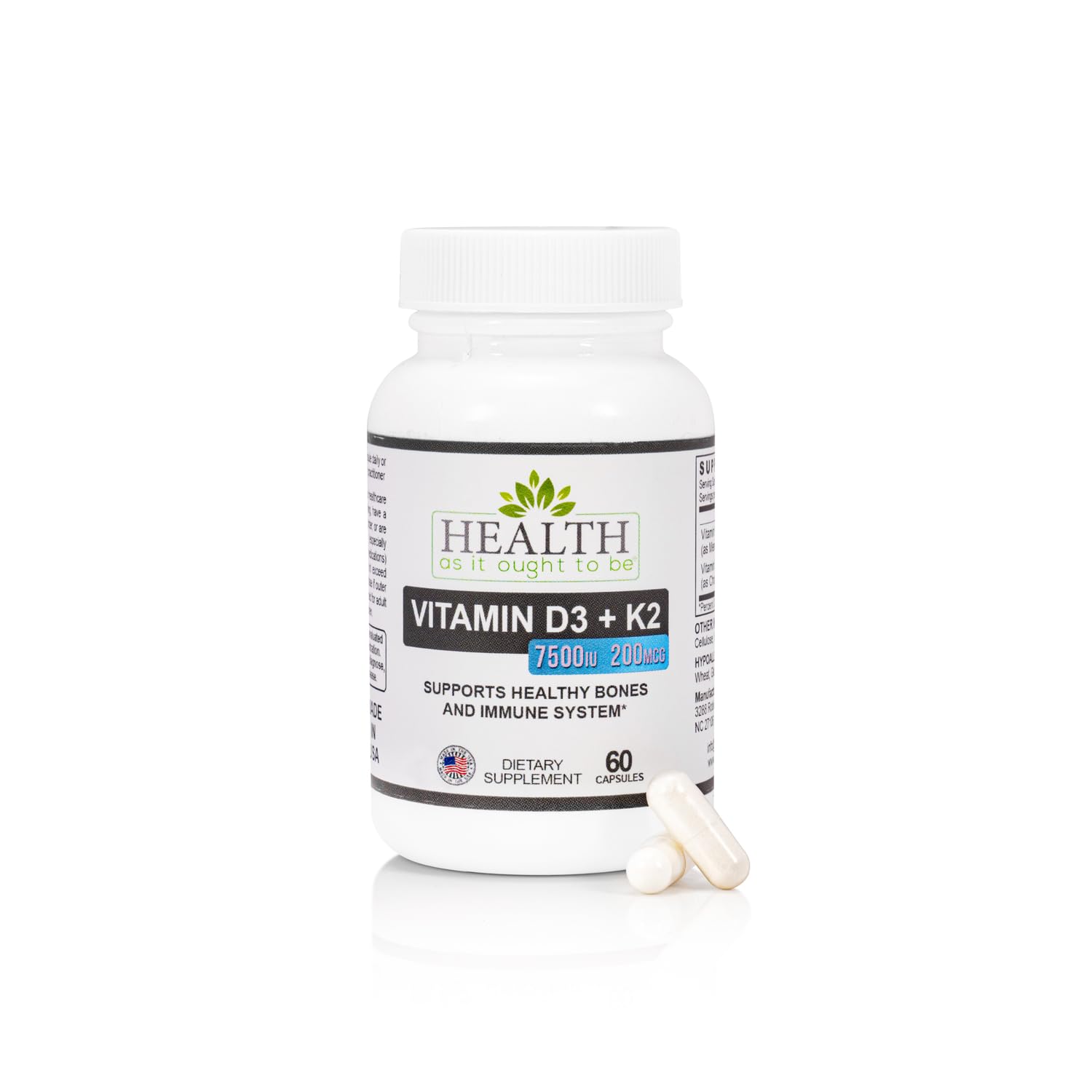 Health As It Ought To Be D3 + K2 | D3 7500 IU + K2 200mcg | 60 Capsules Vitamin D3 7500 Iu + K2 200 Mcg - 60 Capsules