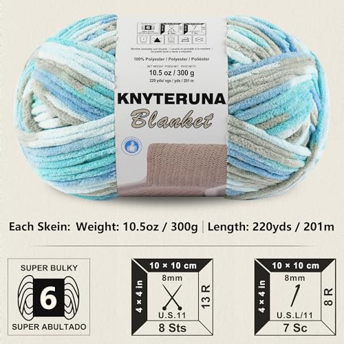 Image of #6 Super Bulky Blanket Yarn for Crocheting - 4 Skeins(Each 10.5oz /300g, 220yds /201m), Chunky Chenille Thick Plush Big Soft Yarn for Crocheting Knitting Blankets, Khaki & Teal & Blue