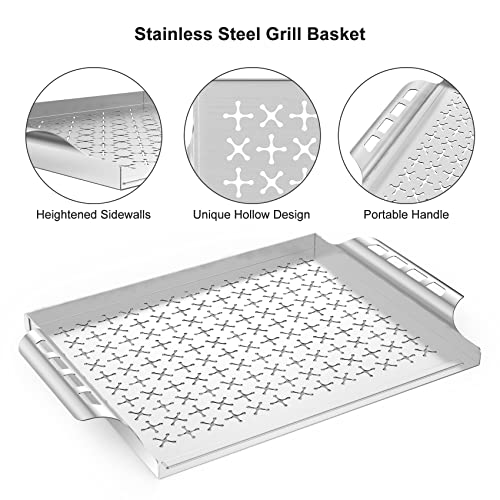 Skyflame Stainless Steel Grill Basket for Outdoor/Indoor Grill and Smoker, BBQ Grill Accessory/Grill Tray for Fish and Vegetables