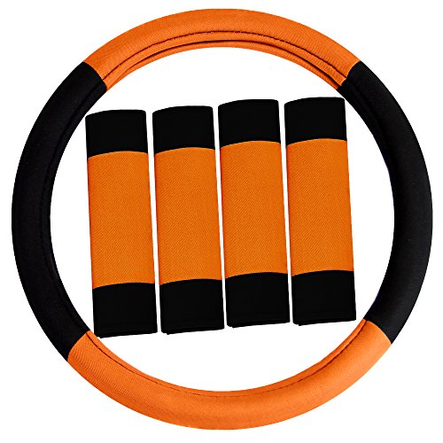 Image of FH Group Universal Fit Modernistic and Seat Belt Pads Combo Set Steering Wheel Cover Fits Most Cars, SUVs Orange