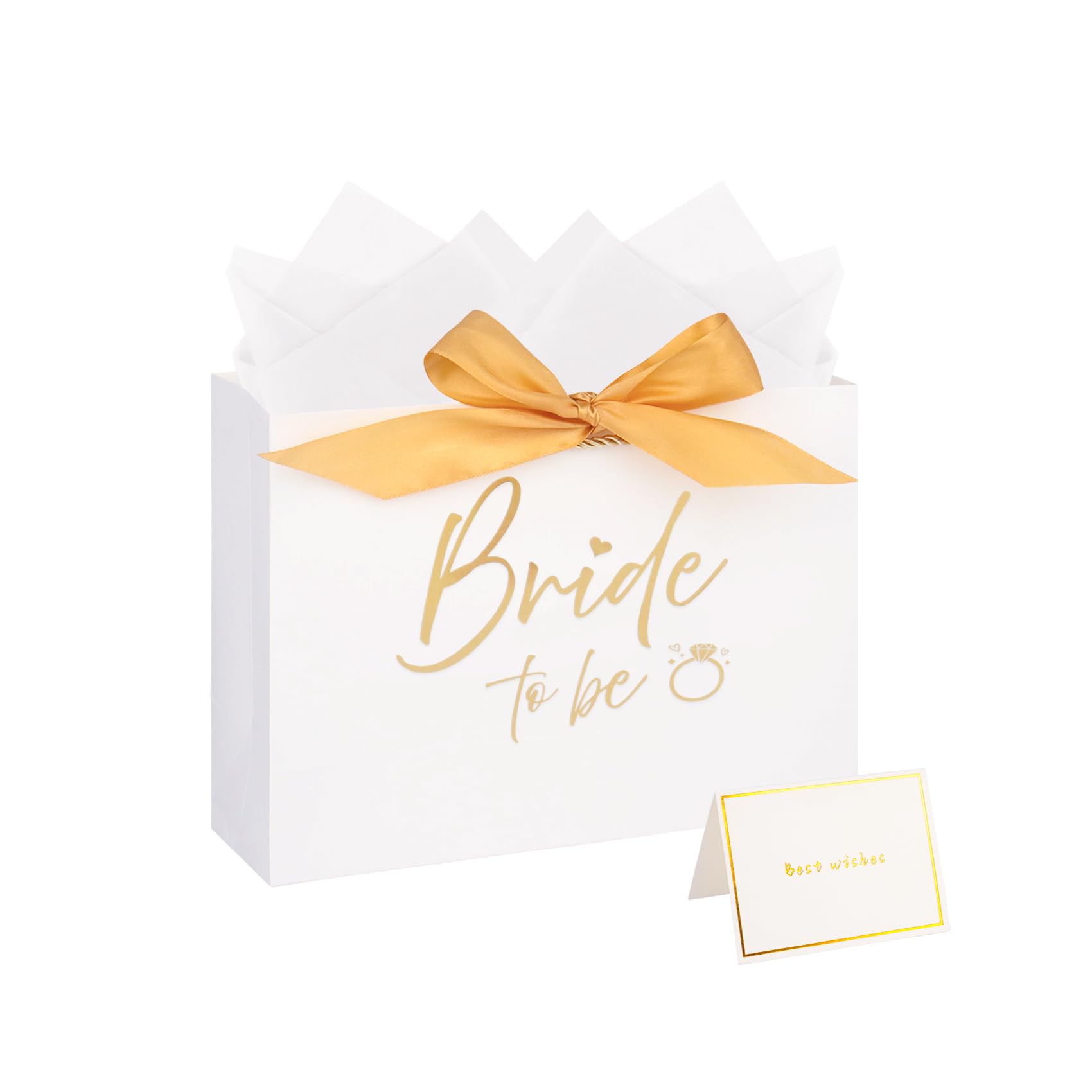 Nideen Bride to Be Gift Bag with Ribbon Tissue Paper Hen Party Bag for Wedding Bridal Shower 11 inches - White Gold