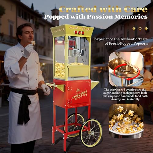 Image of 12 oz Popcorn Machine Cart - Commercial Vintage Popcorn Maker with Storage Stand, Stainless Steel Kettle & Tempered Glass, Ideal for Home Theater, Party Concessions and Carnival Events (Red)