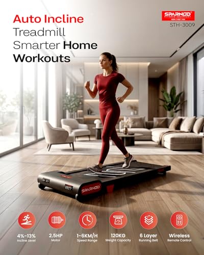 Image of Sparnod Fitness STH-3009 Auto Incline Walking Pad Treadmill for Home Use, 2.5 HP Motor, Speed Range 1-6 km /h, 13% Auto Incline, Remote Control, Shock Absorption System, Max User Weight 120 Kg