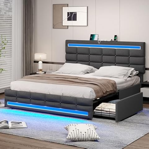 BTHFST Full Bed Frame with LED Lights & 2 USB Charging Station,Full Size Bed Frame with Adjustable Headboard,Bed Frame with Drawers,No Box Spring Needed,Noise Free,Dark Grey Cover