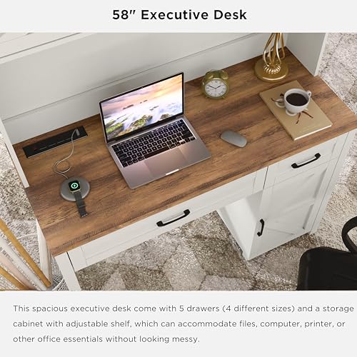 Befrases Farmhouse 47\" Executive Desk, White Computer Desk with 2 Drawers and Storage Cabinet, Home Office Desk with Hutch, Charging Hub, Workspace for Work and Study.