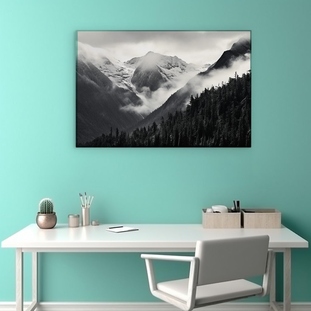 Canvas for Living room. Whispering Peaks: A Monochrome Symphony of Snow and Silence, 27 x 18 inch Canvas Wall Art - Surrealistic Visions - Modern Home Decor