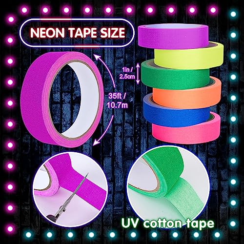 Image of Whaline 6 Colors Neon Gaffer Cloth Tape Fluorescent Rainbow Color UV Blacklight Tape Neon Duct ReflectiveTape for UV Party Theatres Staged Dark Areas(1 inch x 34.8 feet)