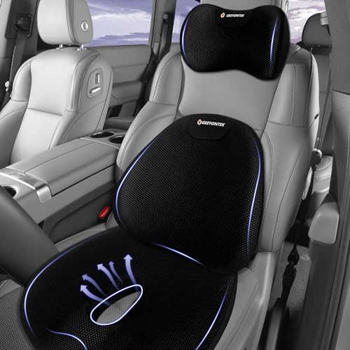 GEEYONTEK Car Seat Cushion with Lumbar Support & Neck Pillow kit Back & Tailbone Pain Relief Pillow Ergonomic Memory Foam Car Pillow for Driving Seat/Office Chair/Truck Black