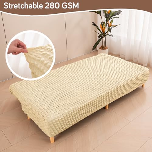 Image of HOKIPO 280 GSM Armless Sofa Cover for Sofa Cum Bed, Stretchable Elastic Futon Slipcover - 'Aria Nova' Large, Beige (AR-6703-BGE)