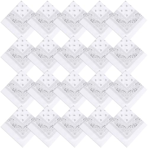 Jeatonge 20 Pcs White Bandanas Paisley Headbands Bandana for Women Men Head Scarf Handkerchief 22x22 inch (White)