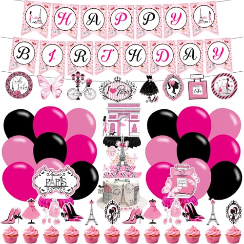 Paris Party Decorations,Paris Eiffel Birthday Party Supplies Set Include Paris Party Banner Cupcake Toppers Ballons Honeycombs Centerpieces for Paris Birthday Party Supplies