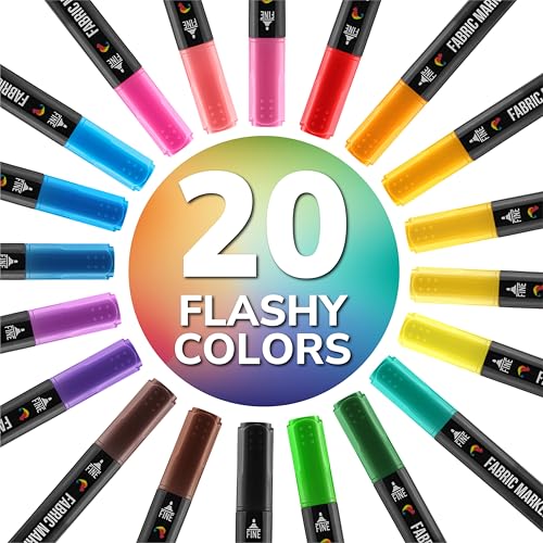 Image of Zenacolor 20 Fabric Markers with Dual Tips - Vibrant Colors Fabric Markers Permanent for Clothes - Fine and Chisel Point Fabric Paint