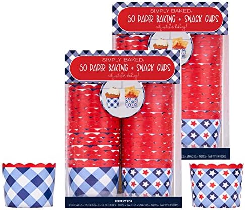 Simply Baked Large 5 Ounce Disposable Paper Baking Cups, 100 Pack of Cupcake Muffin Wrappers for Baking or Party, Treats, Candy, and Snack Cups, Patriotic Gingham