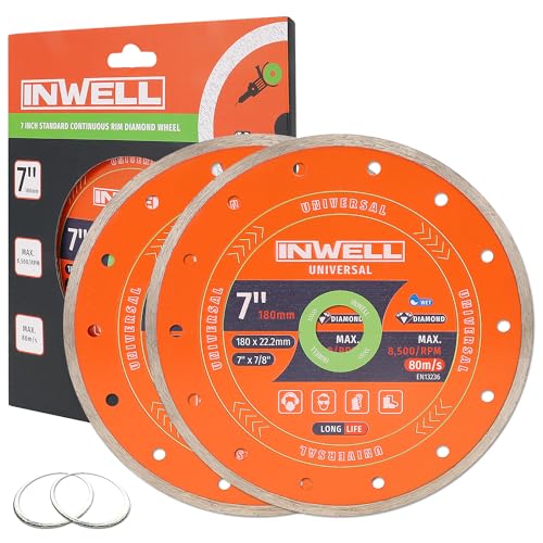 INWELL 7 Inch Diamond Blade Wet Cutting (2 Pack) - 5mm Segment Height with 7/8' Arbor - High Speed 8,500 RPM for Concrete, Tile, Granite - Includes 2 Reducing Rings (20mm)