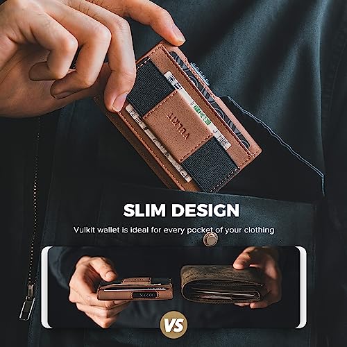 VULKIT Mens Minimalist Wallet for Max. 8 Cards with Pop-Up Credit Card Ejector RFID Blocking, ID Window and Elastic Strap for Bills or Keyring, Gift Box Packed, Brown3