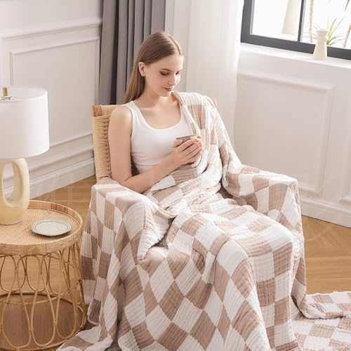 Image of EMME Cooling Muslin Twin Blanket - Checkered Lightweight Summer Cotton Blankets of Rayon Derived from Bamboo for Hot Sleepers, Ultra Soft Breathable All Season Gauze