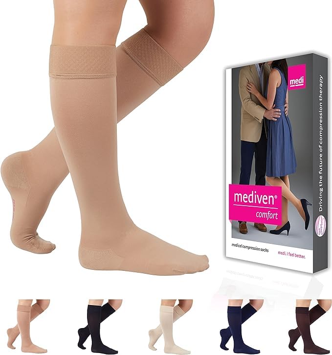 Image of Mediven Women's Comfort Knee High 20-30mmHg Semi-Sheer Compression Stocking | Soft, opaque graduated knee high stockings for women with comfortable design for work, travel, and daily wear.
