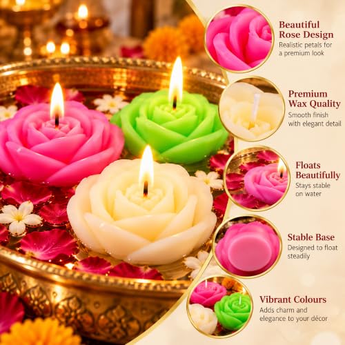 Image of UPYOG Diwali Diya Decoration Floating Candles Giant Rose Candles | 3 Pcs Bulk Pack | Smokeless, Dripless & Long Lasting Water Lamp Candles Deepawali Decor