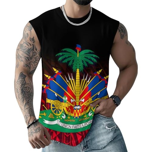 Men's Haitian Flag Print Tank Tops Moisture-Wicking Quick Dry Gym Beach Summer Sleeveless Shirts