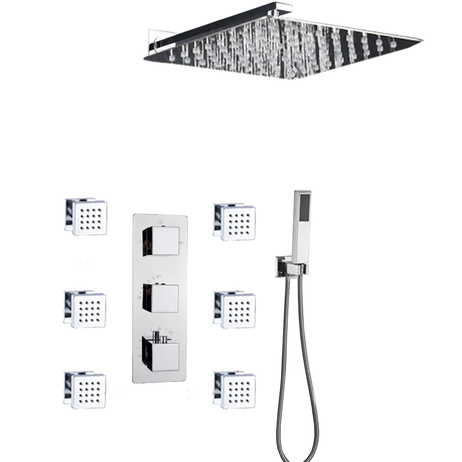 GLJTUO Shower system, Shower System Thermostatic Concealed Shower Combo Set Chrome Finish Shower Mixer Taps Set with 6 Body Sprays with Brass Hand Shower and Waterfall Rainfall,size_name-16 Inch