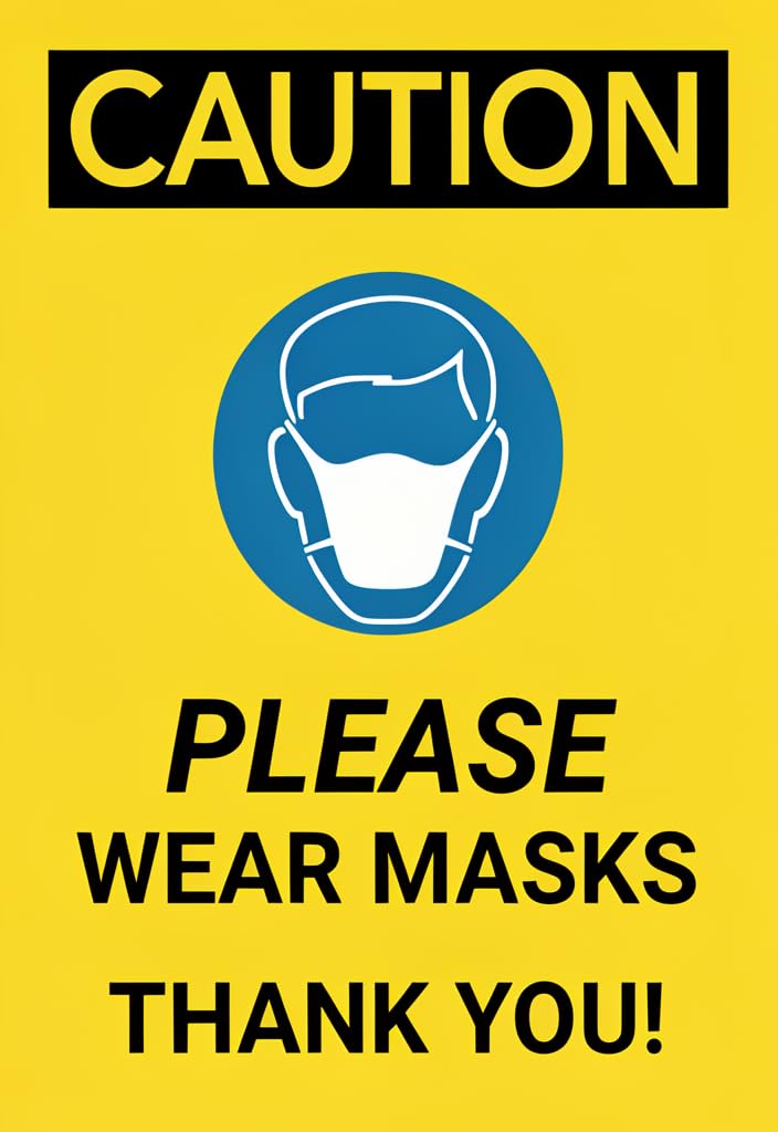 peiyeety Caution Please Wear Masks Thank You Tin Sign 12x8 Inch, Yellow & Black Metal Wall Decor Poster for Office, Store, Restaurant, Clinic, Entryway Safety Reminder Sign