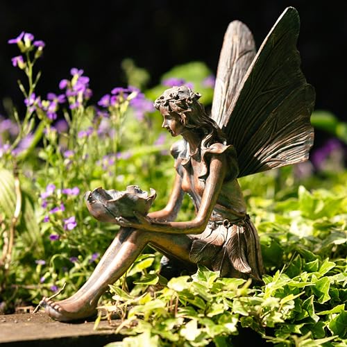 Garden Mile Sitting Fairy Garden Statue Magical Elf Outdoor Unusual Bronze Effect Fairies Figurines Resin Statues for Patio Porch Flowerbed Gardens Gift for Women Men