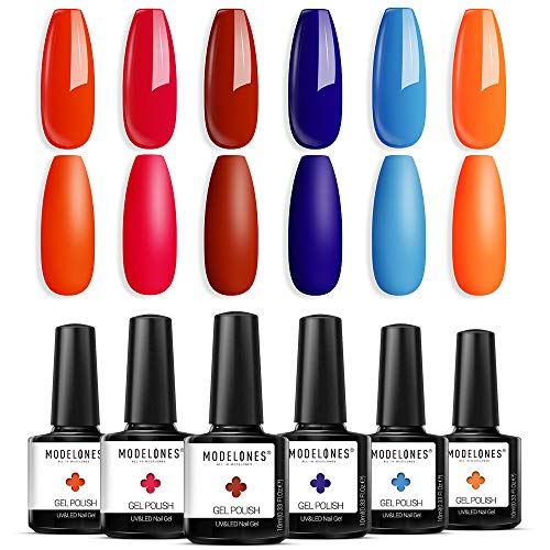 Modelones Neon Gel Nail Polish Holiday Fall Red Orange Sky Blue Gel Polish, 6 PCS 10ml Gel Nail Starter Kit with Gift Box, Soak off LED Light Nail Gel Required, Nail Art for Salon DIY at Home
