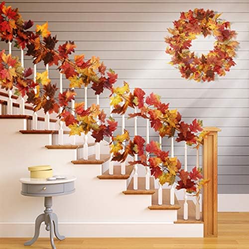 Artificial Maple Leaves Garland, 2 Packs Artificial Autumn Garland Fall Hanging Plant with 8 Pcs Artificial Pumpkins for Thanksgiving Day Wedding Party Fireplace Decor