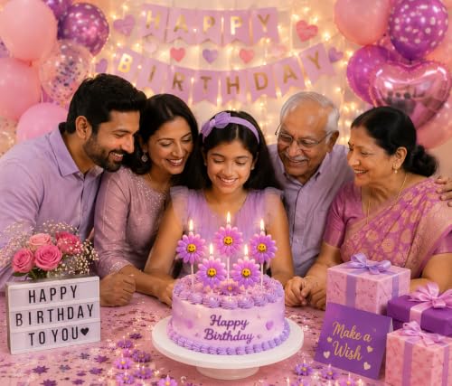 Image of Smiley Flower Birthday Candles for Cake Decoration, Pack of 5, flower Shape Decorative Cake Candles, Natural Wax Party Candles for Birthday, Anniversary, Baby Shower & Celebration (PURPLE)