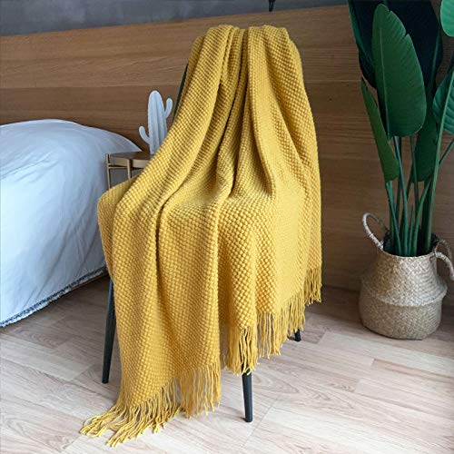 Lomao Knitted Throw Blanket With Tassels Bubble Textured Lightweight Throws For Couch Cover Home Decor (Mustard Yellow, 50X60) #TOP4