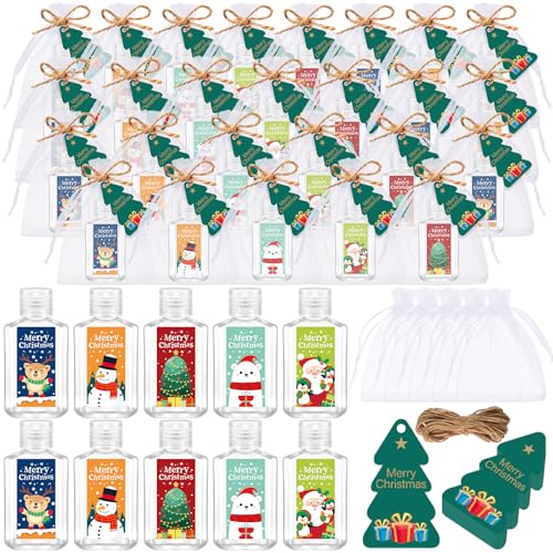 Tiangrid 50 Sets Mini Hand Sanitizer Bottles Bulk 2oz Empty Christmas Hand Sanitizer Travel Size Wedding Favors for Guests with Organza Bags Thank You Tags for Woman Employees(Christmas Multicolor)