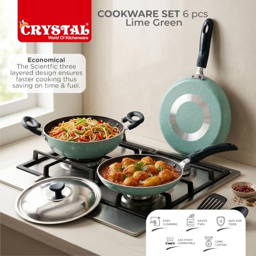 Image of Crystal Aluminum 6 Pcs Non Stick Cookware Set | Gas Stove Friendly | Tawa, Fry Pan, Kadhai with Lid, Laddle & Spatula | Durable 4 Layer Non Stick Coating | PFOA Free | Light Green
