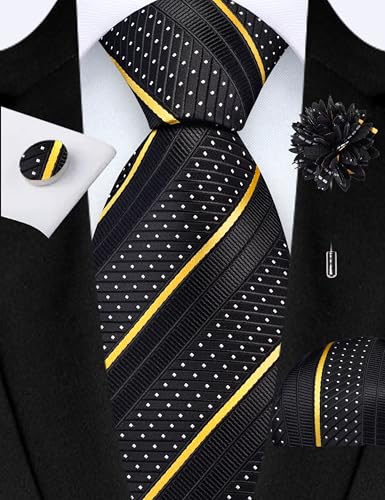 Image of GUSLESON 3.15 inch（8cm） Mens Stripe Tie and Lapel Pin Necktie Hankerchief Cufflinks Set for Men