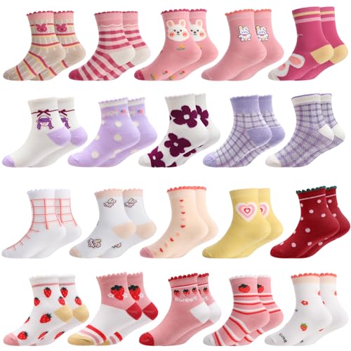 scenicamp 20 Pairs Girls Socks Bulk Cartoon Pattern Ruffle Crew Socks Kids Strawberry Flower Princess Dress Sock for Girls, 9-12