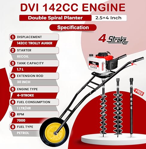 Image of DVI 142CC Trolley Earth Auger Machine, 4-Stroke Petrol Engine - with 2.5 Inch + 4 Inch Double Spiral Planter Bits & Free Extension Rod | for Plantation, Fencing & Post Hole Digging in All Soil Types.