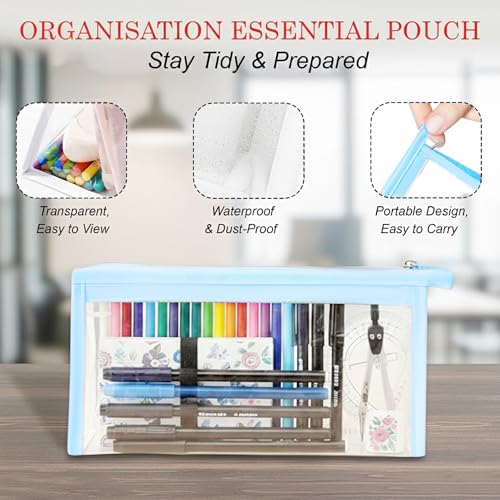 Image of GLUN Blue Transparent Zipper Pouch with inchAll The Best inch Stationery Kit Includes Scale, Pencil, Eraser, Sharpener & Pen Set for School Students