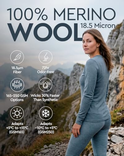 Image of MERINNOVATION Merino Wool Base Layer Set for Women 100% Merino Wool Thermal Underwear Sets Lite - Midweight Top Tank Bottom
