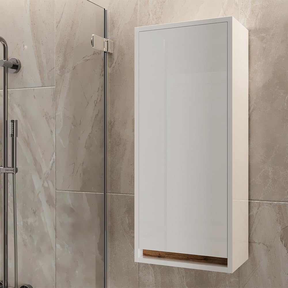 Vicco Armario de baño Detmold Blanco Brillo Intenso/Roble Dorado 81.6x35 cm | con puerta, apto para montaje en pared y combinable con la serie Detmold
