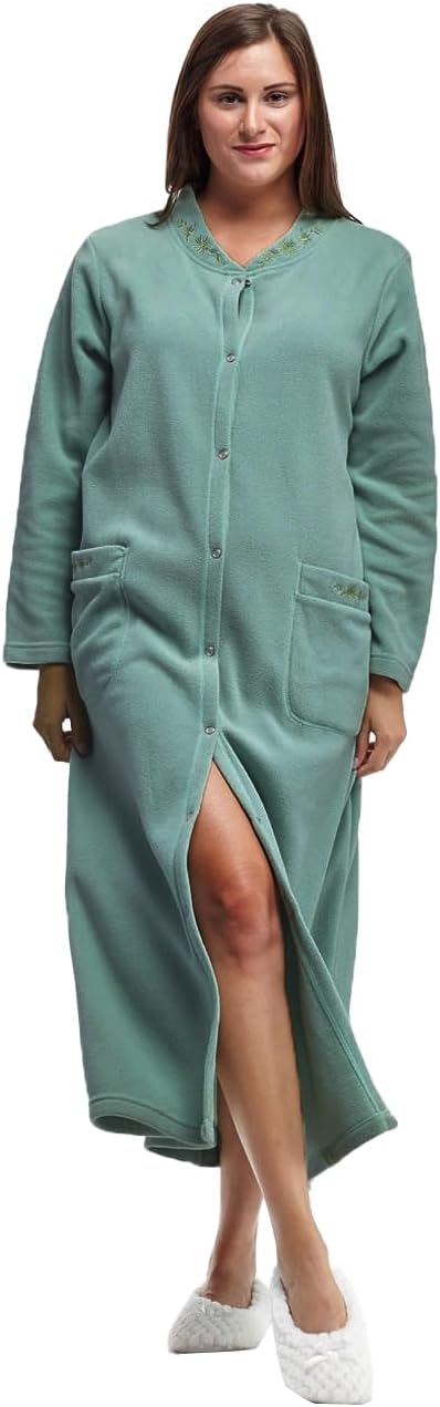LA CERA Women's Plus Size100% Polyester Long Sleeves Embroidered Snapfront Fleece Robe With Button Closure