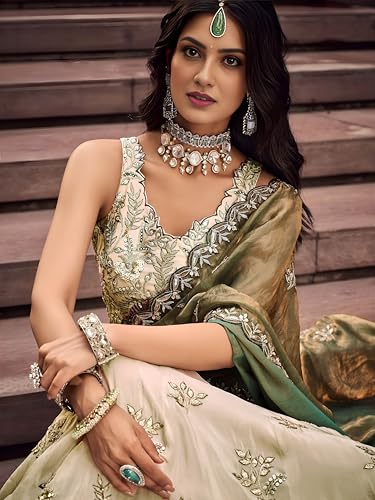 Image of Zeel Clothing Women's Dori, Sequins and Thread Embroidered Work Cosmos Silk Lehenga Choli With Dupatta (6019-Green-Women-Lehenga-Choli-Latest; Free size)