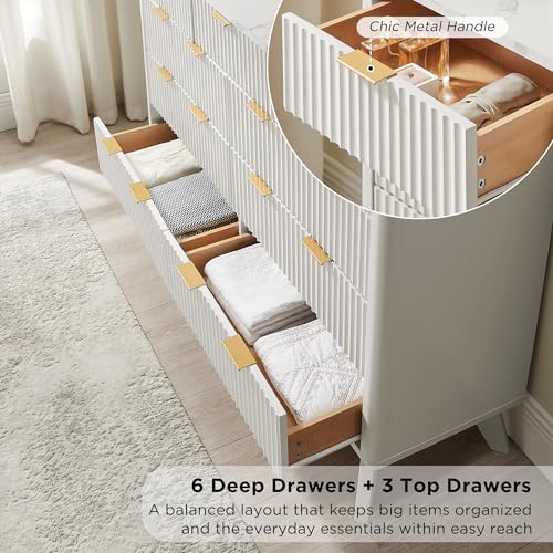 Image of T4TREAM 54 inch Wide Fluted 9 Drawer Dresser for Bedroom, Solid White | Mid Century Modern, Faux Marble Top, Curved Profile, Metal Handles, Anti-tip Kit, Smooth Slides, for Living Room, Hallway