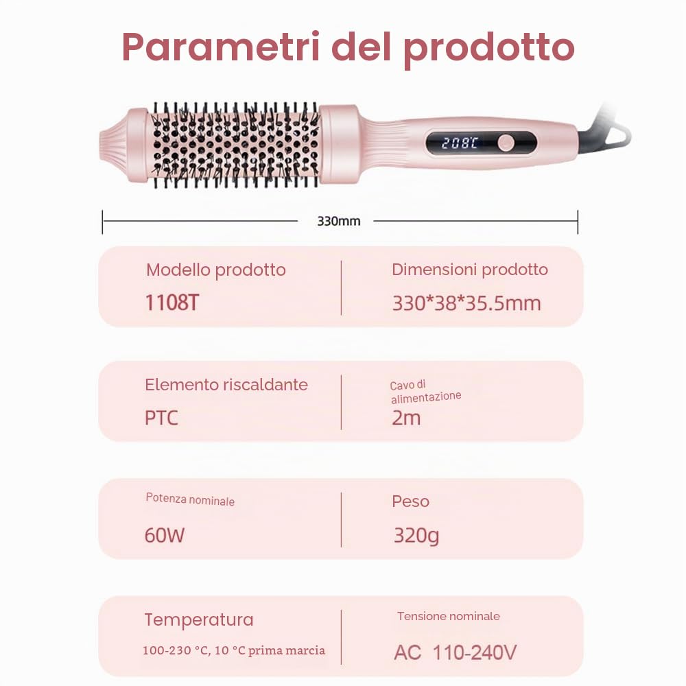 Spazzola Termica per Capelli, Thermal Brush 38 mm, Spazzola Lisciante Arricciacapelli, Spazzola Rotonda Riscaldata di Temperature Regolabile con Cavo 2 m per Capelli Lisci, Ricci, Dual Voltage