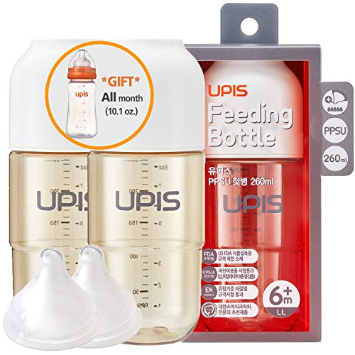 UPIS 2 Pack LL Size [6 Month++] Babies PPSU Baby Feeding Bottle 8.8 oz./ 260ml, White with 100% Silicone Nipple- Anti Colic Air Vent, Breast Shaped Nipple, BPA-Free, Slow Flow