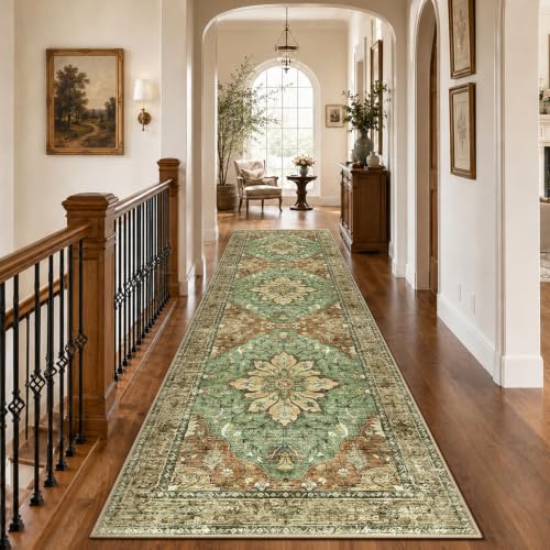 RELEANY Washable Area Rug, Runner 3'x10', Brick/Brown/Green