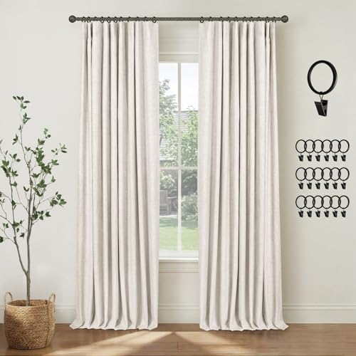 INOVADAY 100% Blackout Curtains for Bedroom, Black Out Curtains 90 Inch Long, Clip Rings Linen Blackout Drapes, Thermal Insulated Room Darkening for Living Room, 2 Panels - Beige,W50xL90